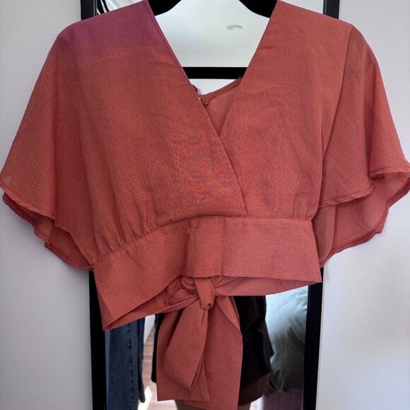 Chiffon Blouse Wrap Front V Neck Bow Tied Back Coral Color - Picture 2 of 4